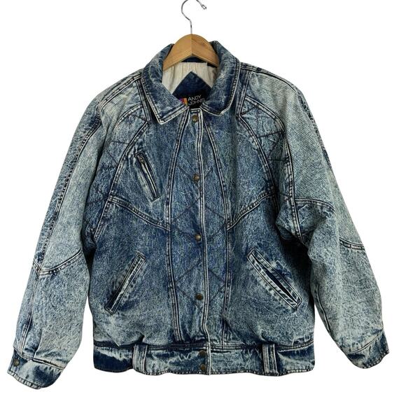 Vintage Andy Johns Acid Wash Denim Jacket Geometric Stitch 80s Oversize Large - Picture 1 of 15